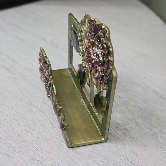 Vintage Enamel Jeweled Business Floral Top Table Card Holder Cast Metal - Picture 5 of 8